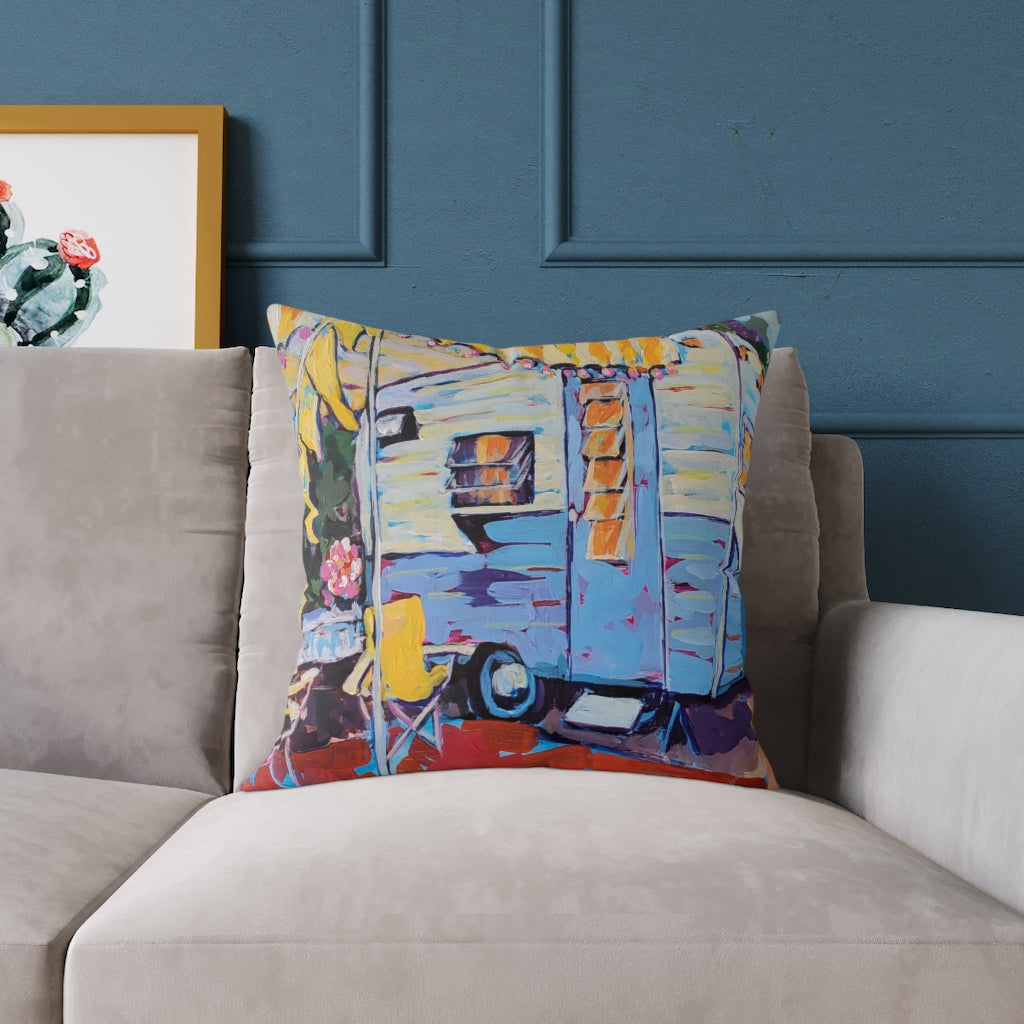 Susie Q - Blue And White Vintage Camper With Cheerful Yellow Striped Awning - Happy Camper “Susie Q,” Colorful Retro Vintage Camper, Camping, Home Décor Square Pillow