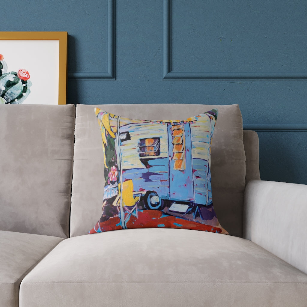 Susie Q - Blue And White Vintage Camper With Cheerful Yellow Striped Awning - Happy Camper “Susie Q,” Colorful Retro Vintage Camper, Camping, Home Décor Square Pillow