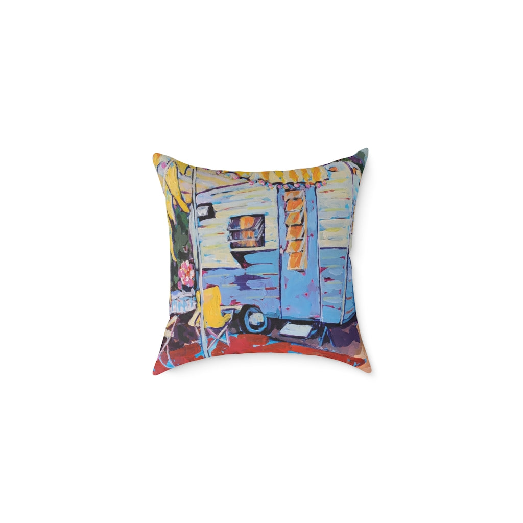 Susie Q - Blue And White Vintage Camper With Cheerful Yellow Striped Awning - Happy Camper “Susie Q,” Colorful Retro Vintage Camper, Camping, Home Décor Square Pillow