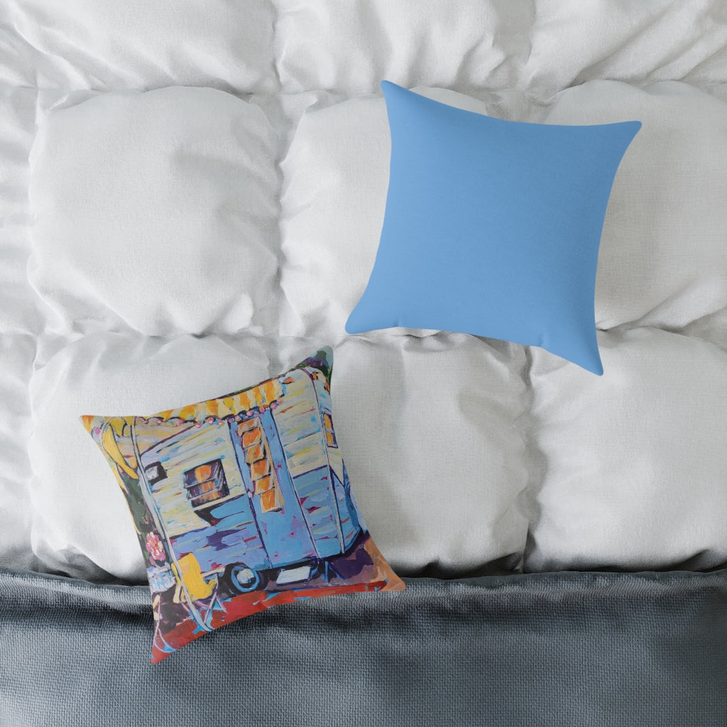Susie Q - Blue And White Vintage Camper With Cheerful Yellow Striped Awning - Happy Camper “Susie Q,” Colorful Retro Vintage Camper, Camping, Home Décor Square Pillow