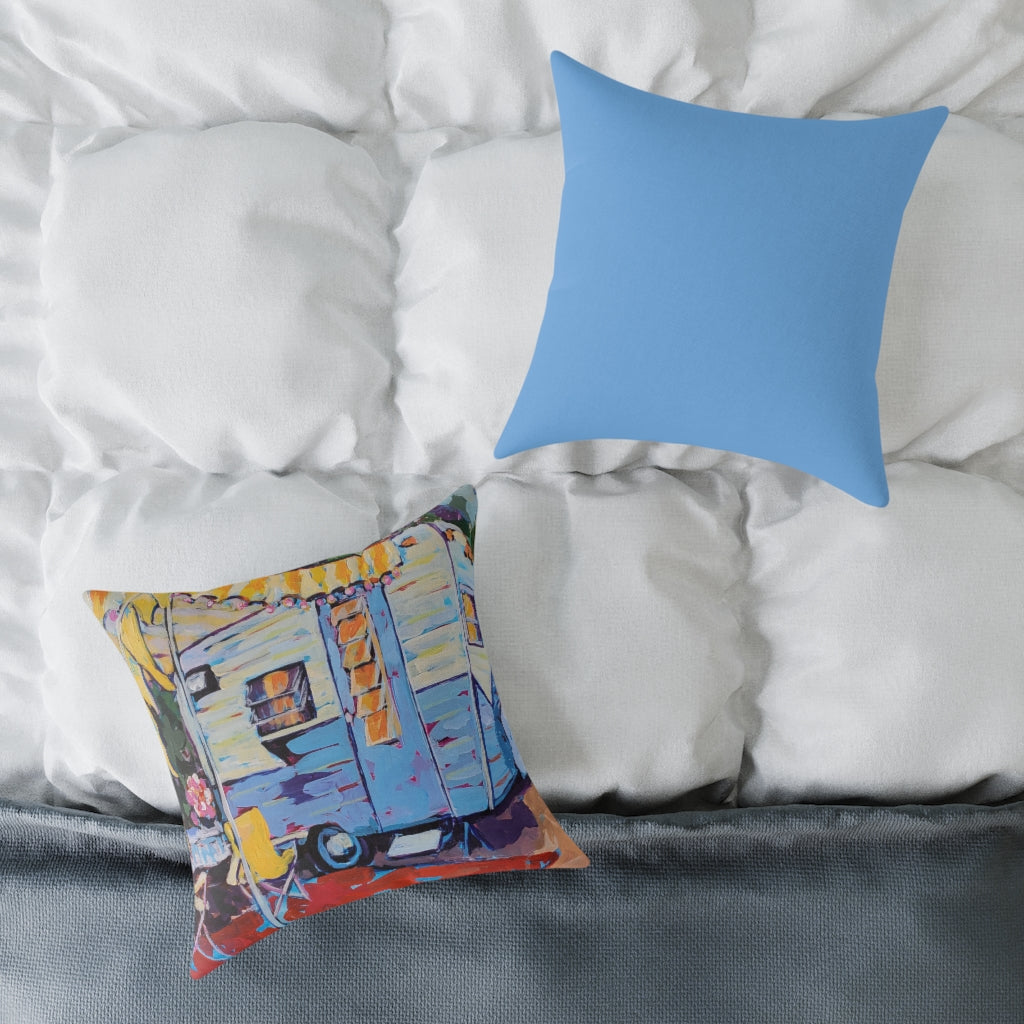 Susie Q - Blue And White Vintage Camper With Cheerful Yellow Striped Awning - Happy Camper “Susie Q,” Colorful Retro Vintage Camper, Camping, Home Décor Square Pillow