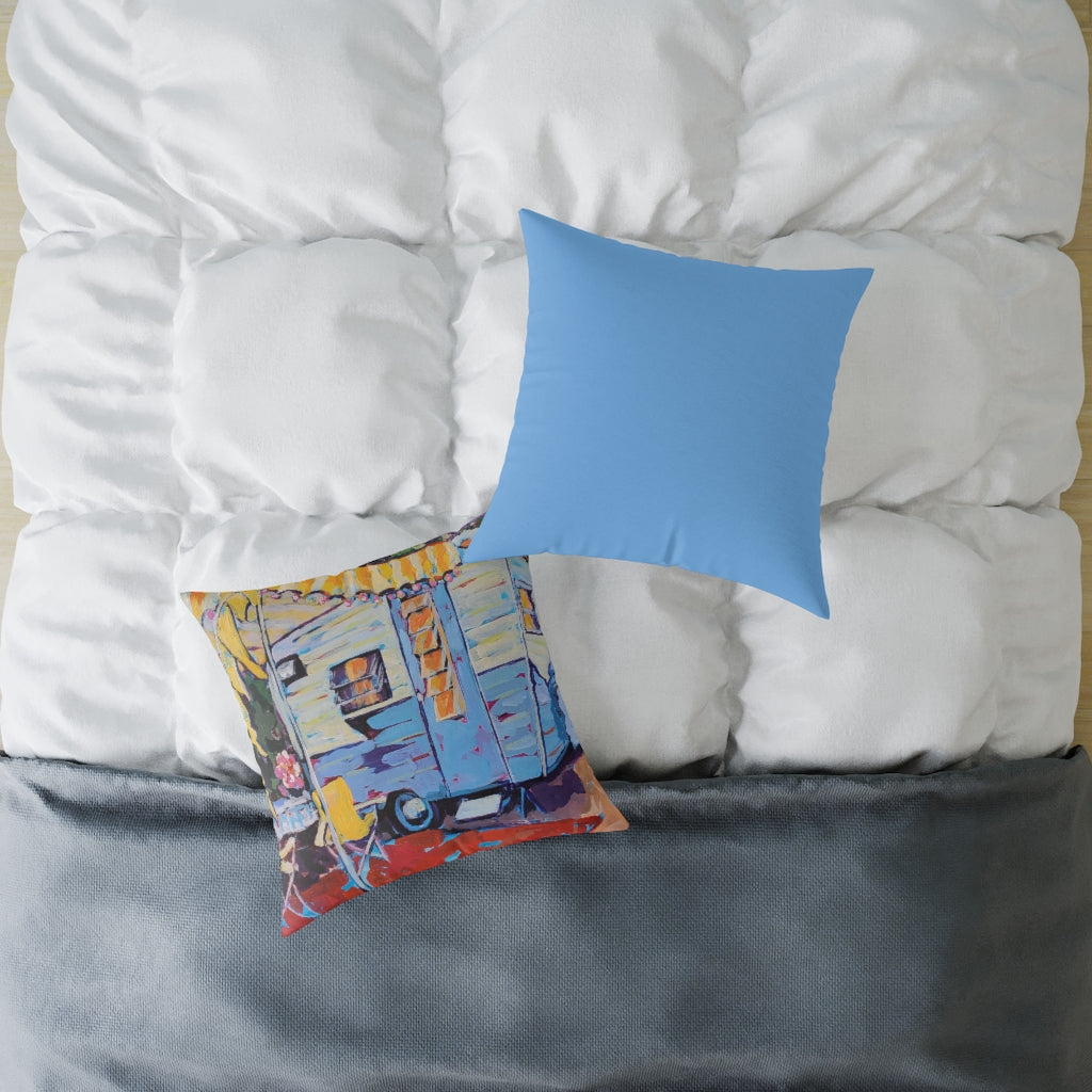 Susie Q - Blue And White Vintage Camper With Cheerful Yellow Striped Awning - Happy Camper “Susie Q,” Colorful Retro Vintage Camper, Camping, Home Décor Square Pillow