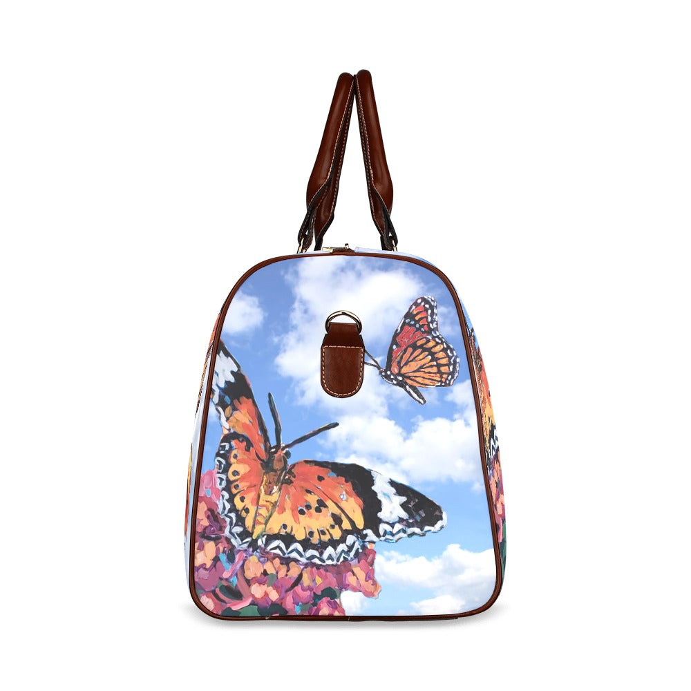 Blue Skies and Butterflies Travel Bag Brown Handles - Medium