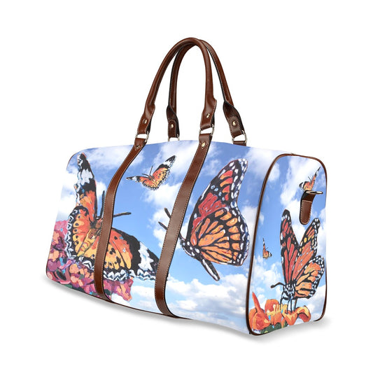 Blue Skies and Butterflies Travel Bag Brown Handles - Medium