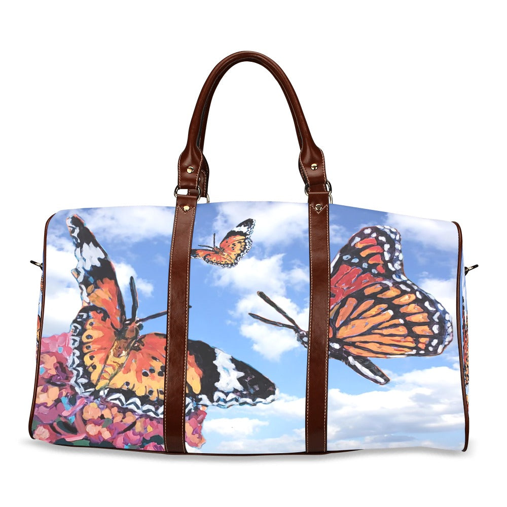 Blue Skies and Butterflies Travel Bag Brown Handles - Medium