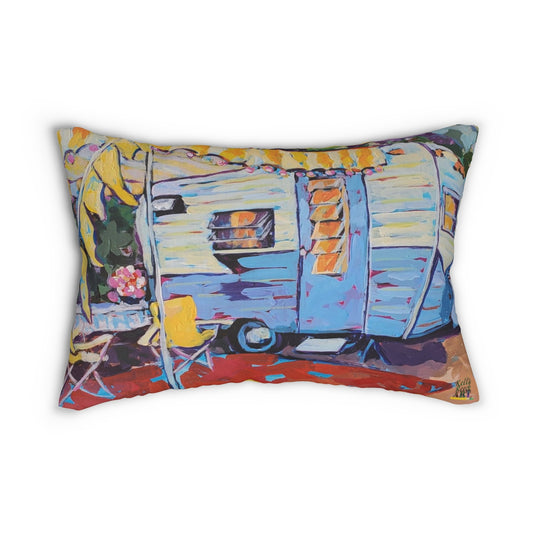 Susie Q - Blue And White Vintage Camper With Cheerful Yellow Striped Awning - Happy Camper “Susie Q,” Colorful Retro Vintage Camper, Camping, Home Décor - Lumbar Pillow