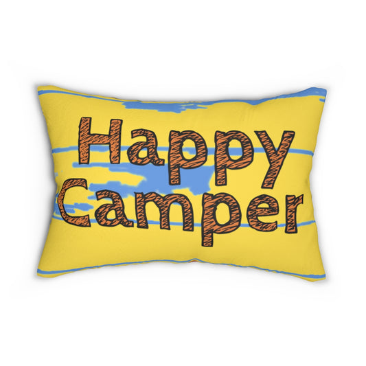 Susie Q - Blue And White Vintage Camper With Cheerful Yellow Striped Awning - Happy Camper “Susie Q,” Colorful Retro Vintage Camper, Camping, Home Décor - Lumbar Pillow