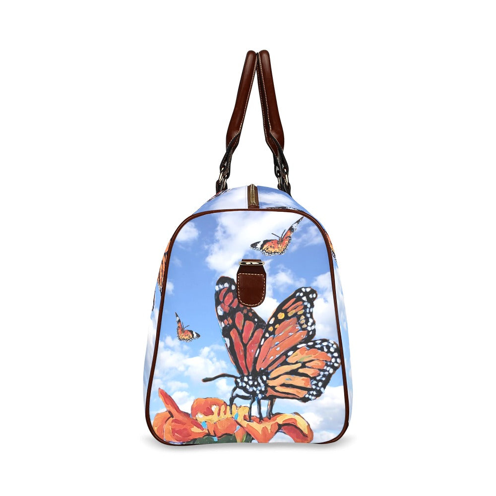 Blue Skies and Butterflies Travel Bag Brown Handles - Medium