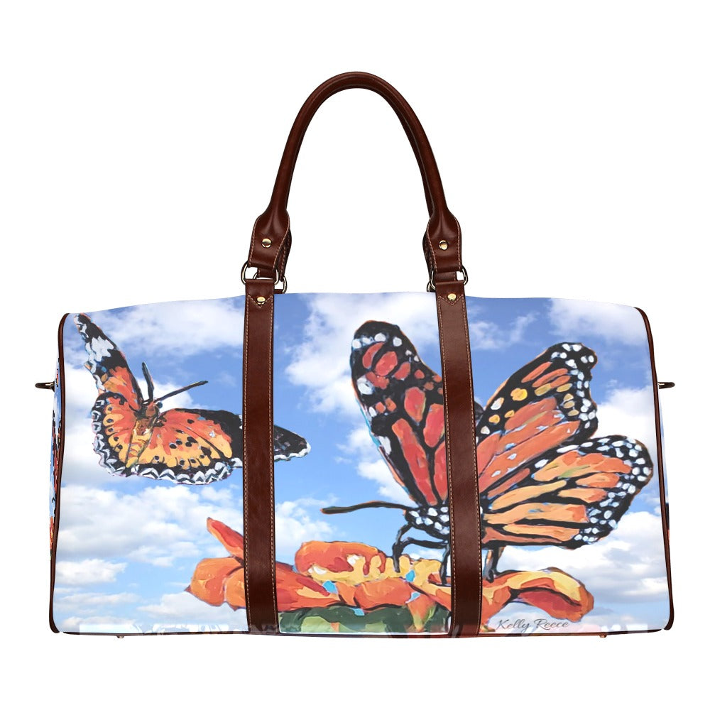 Blue Skies and Butterflies Travel Bag Brown Handles - Medium