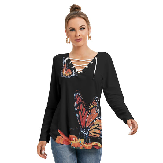 All-Over Print Women's Long Sleeve Neckline Tie Sweatshirt