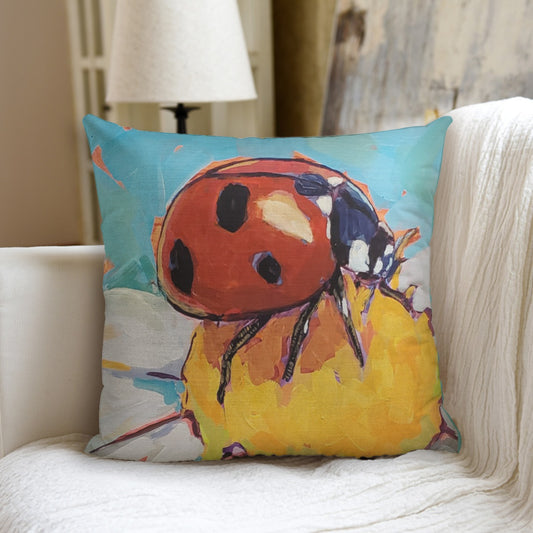 Ladybug on White Flower Pillow