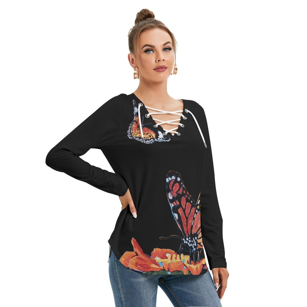 All-Over Print Women's Long Sleeve Neckline Tie Sweatshirt