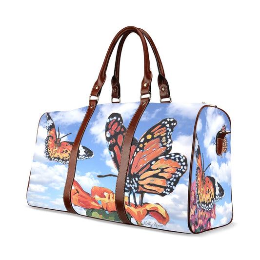 Blue Skies and Butterflies Travel Bag Brown Handles - Medium