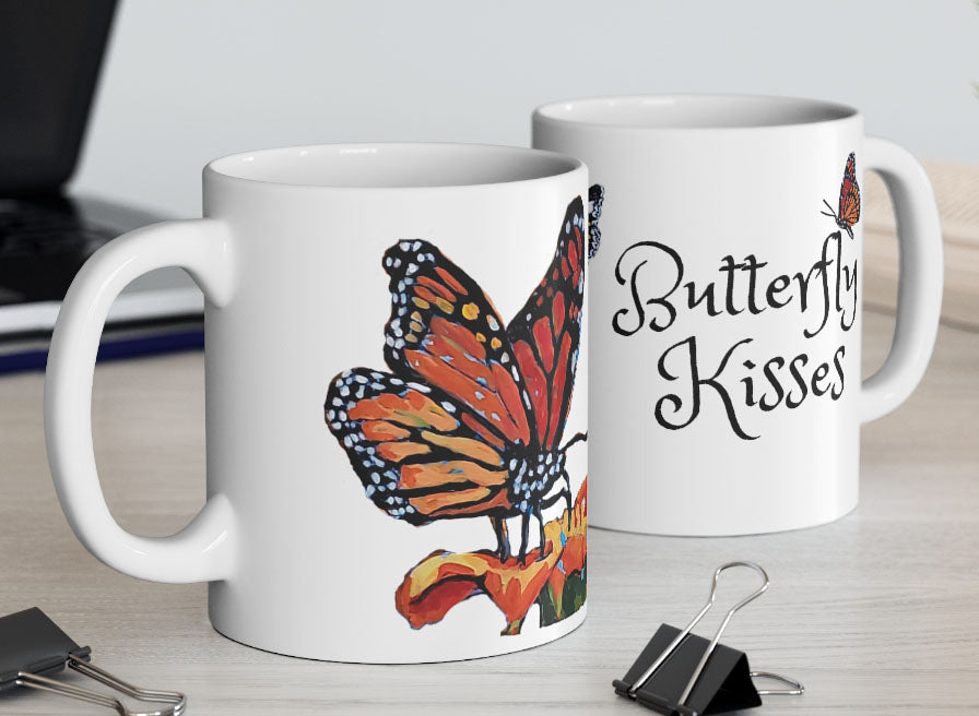 Monarch Butterflies, Butterfly Kisses 11 OZ Ceramic Coffee Mug, Fun Butterfly Gift