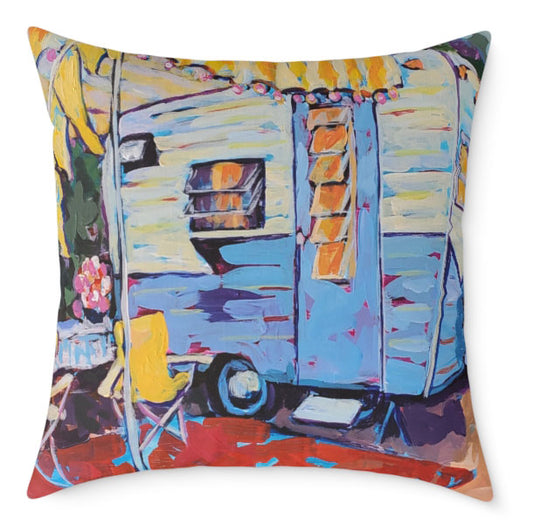 Susie Q - Blue And White Vintage Camper With Cheerful Yellow Striped Awning - Happy Camper “Susie Q,” Colorful Retro Vintage Camper, Camping, Home Décor Square Pillow