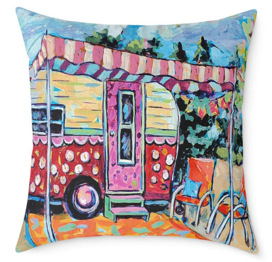 Lucy Lu - Red And White Poke-A-Dot-Happy Camper with Tickled Pink Awning “Lucy Lu,” Colorful Retro Vintage Camper Camping Décor, Home Décor Square Pillow