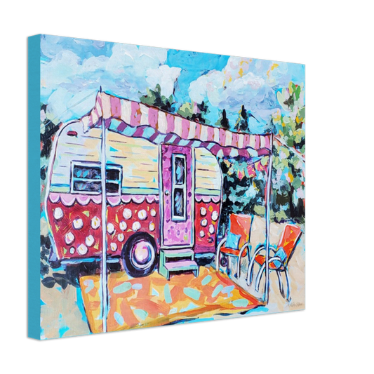 Happy Camper “Lucy Lu" - Red And White Poke-A-Dot Vintage Camper Trailer with Tickled Pink Awning Colorful Retro Vintage Camper, Camping Décor Gallery Wrapped Print Wall Art Canvas