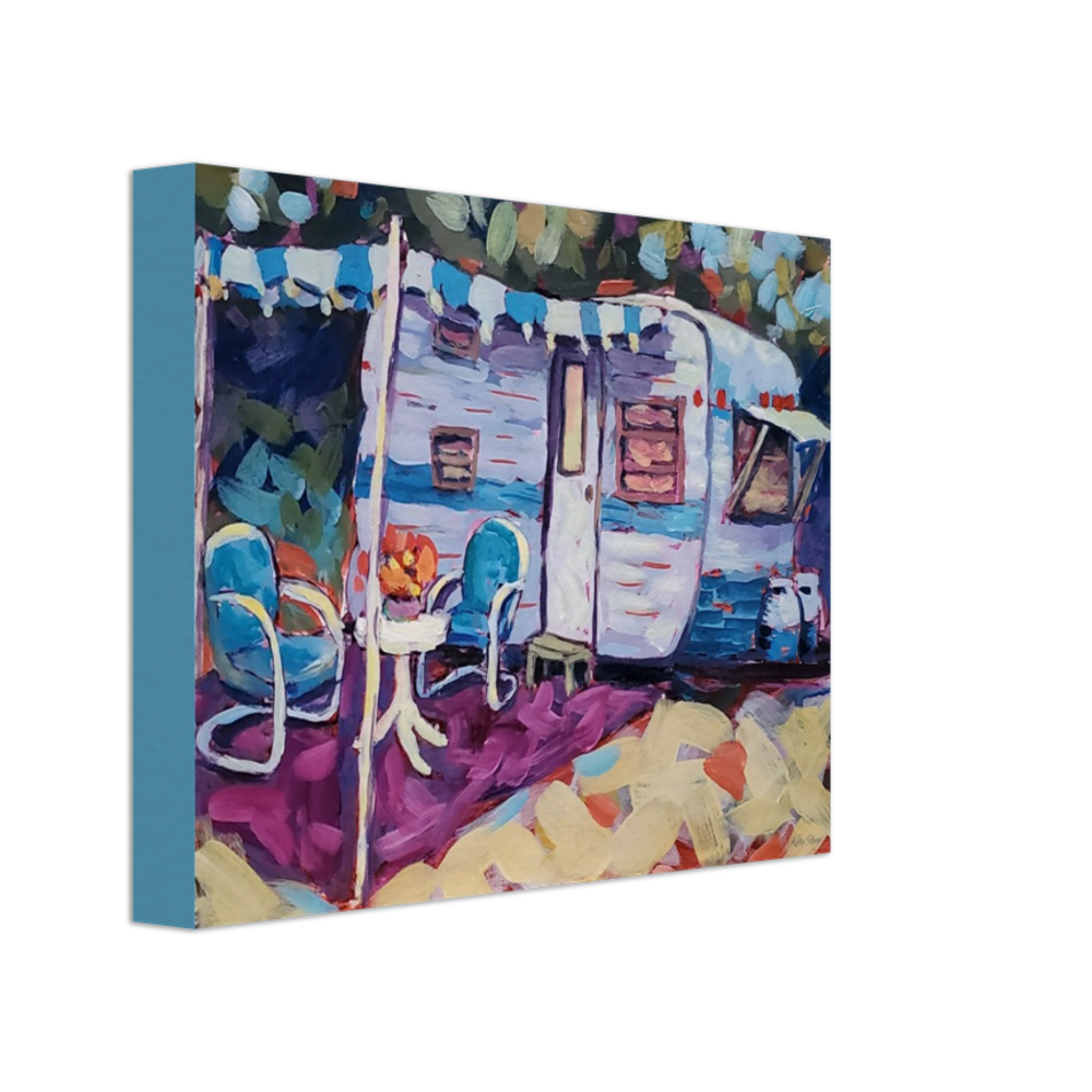 Happy Camper “Betty Boo” - Blue And White Vintage Camper Trailer With Happy-Go-Lucky Blue and White Striped Awning Colorful Retro Vintage Camper Camping Décor Gallery Wrapped Print Wall Art Canvas