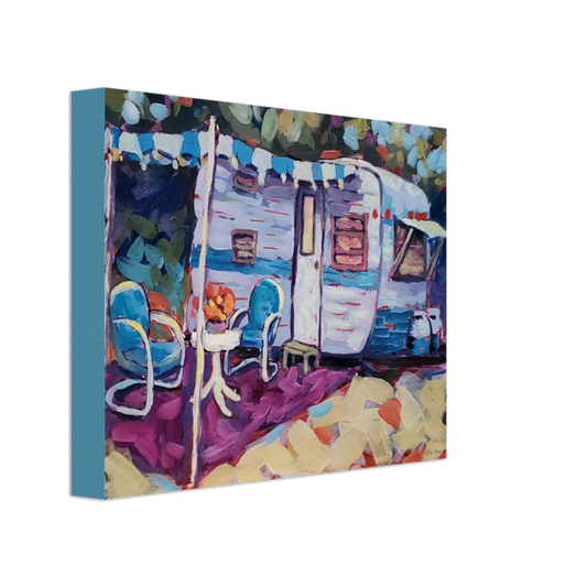 Happy Camper “Betty Boo” - Blue And White Vintage Camper Trailer With Happy-Go-Lucky Blue and White Striped Awning Colorful Retro Vintage Camper Camping Décor Gallery Wrapped Print Wall Art Canvas