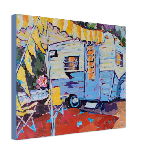 Happy Camper “SUSIE Q” - Blue And White Vintage Camper Trailer with Cheerful Yellow Striped Awning